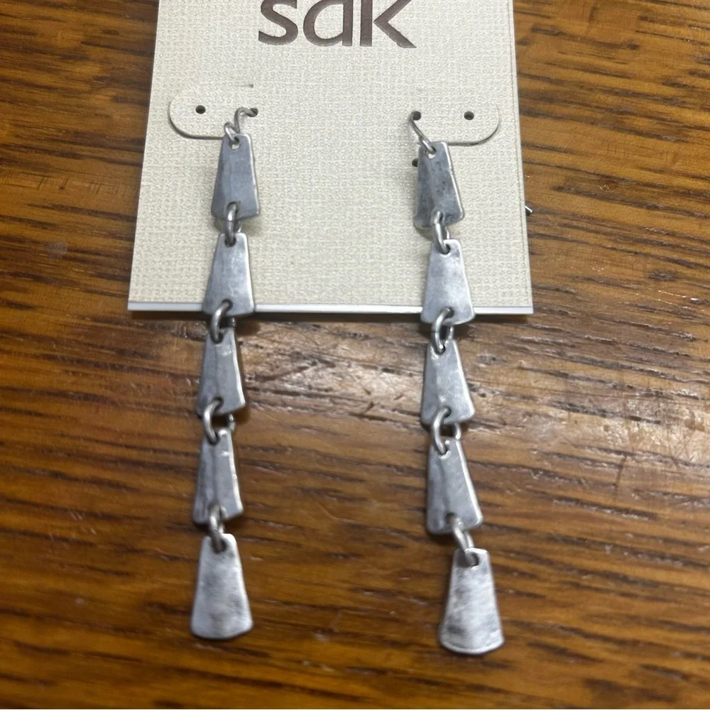 The Sak Silver Tone Tiered Dangle Earrings Hook Boho Minimalist NEW